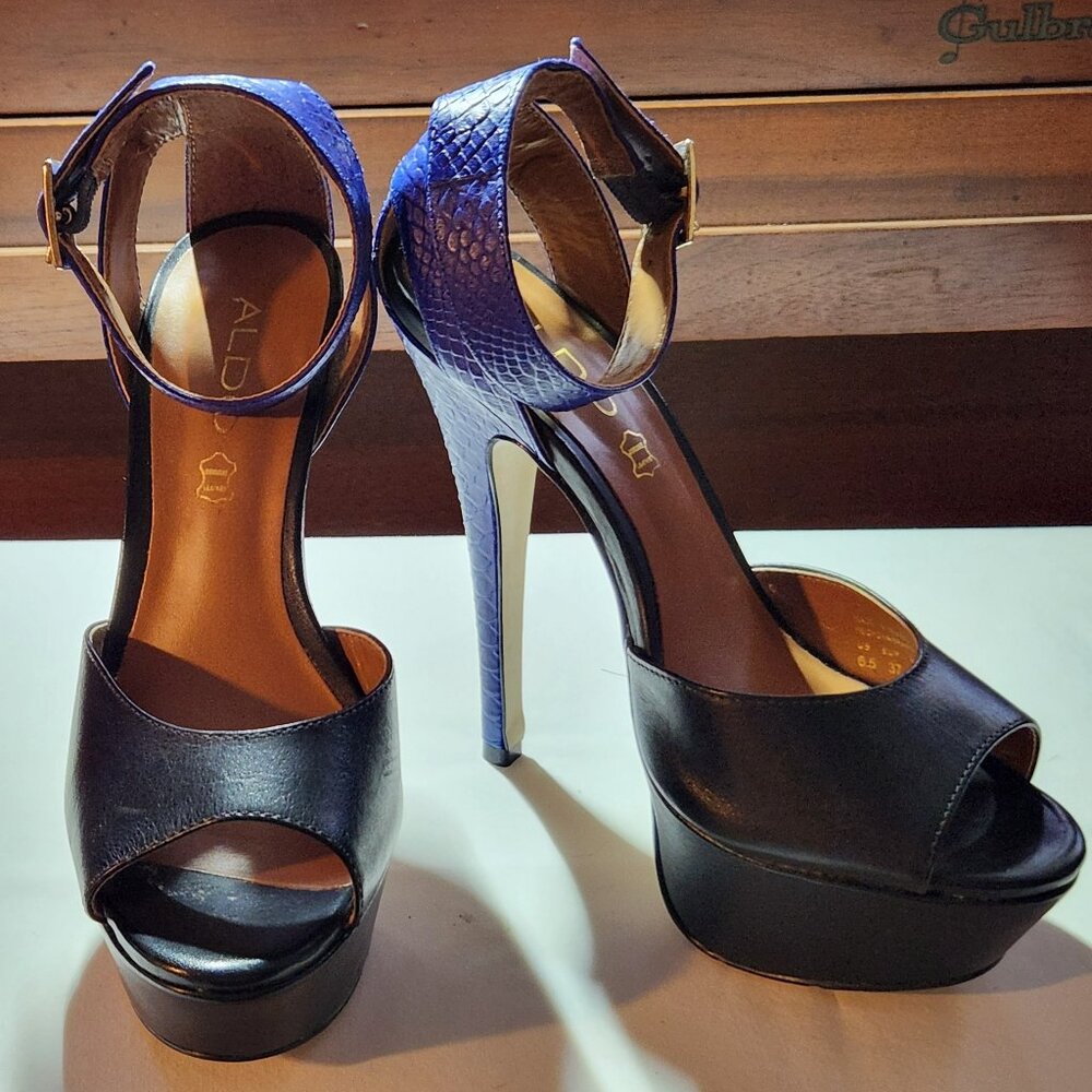 Aldo stiletto heels sz 6.5 M leather black blue ankle strap EUC